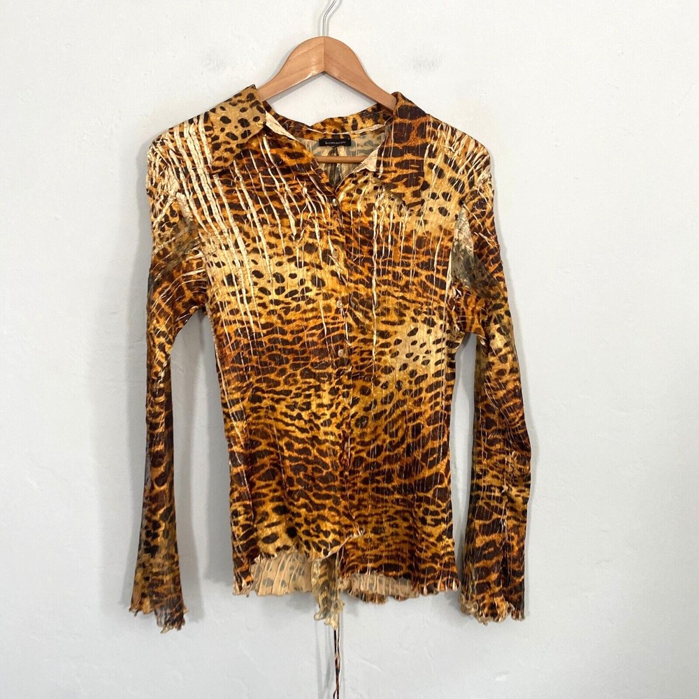 Komarov Crinkle Lace Up Back Blouse Top Size Large Leopard Animal Print